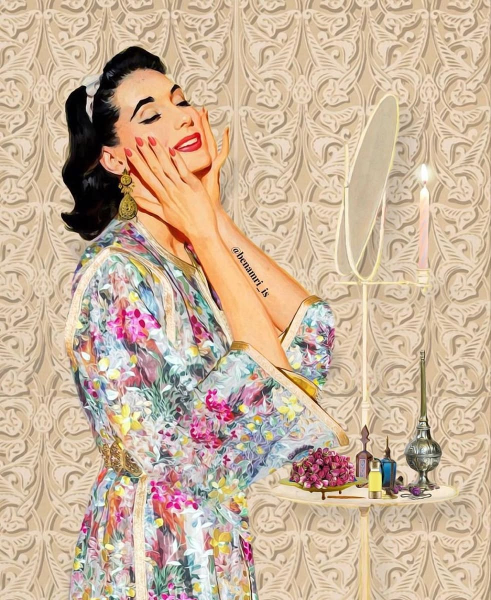 Illustration vintage, femme en caftan fleuri à sa coiffeuse